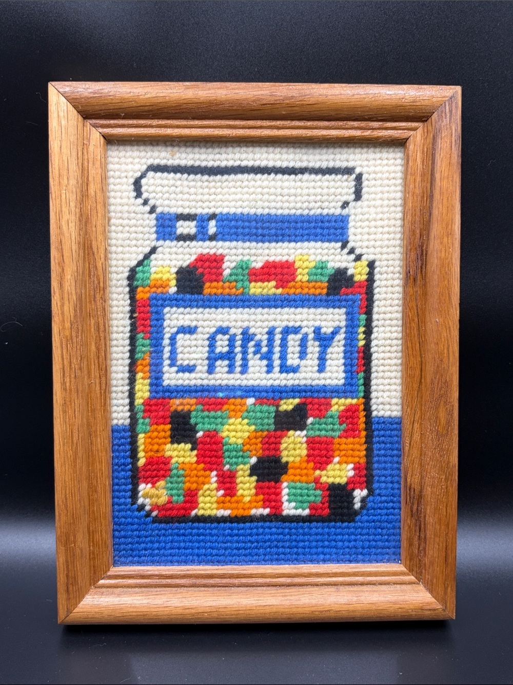 Vintage Cross Stitch Needlepoint Stitch Work Fiber Art Candy Jar Framed Artwork